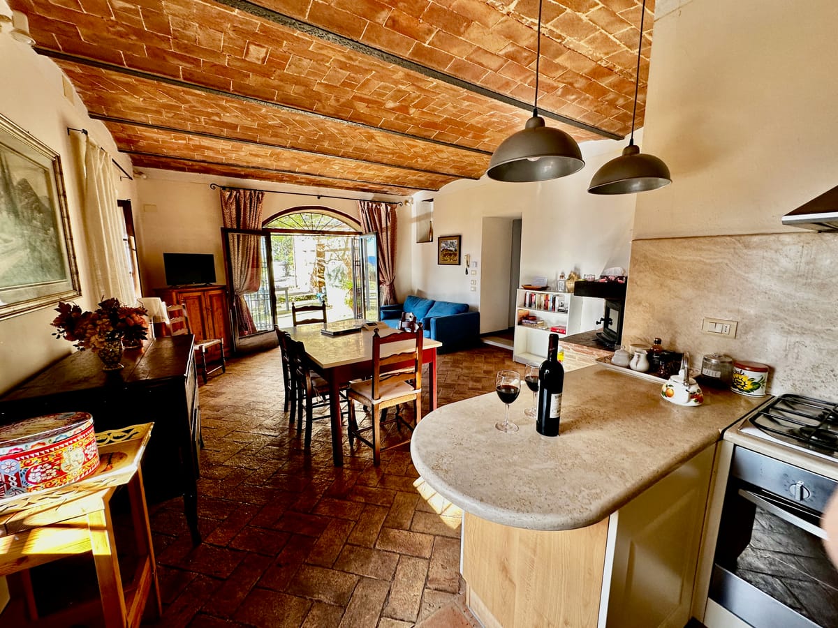 The kitchen counter and, at the far end, the arch opening onto the garden