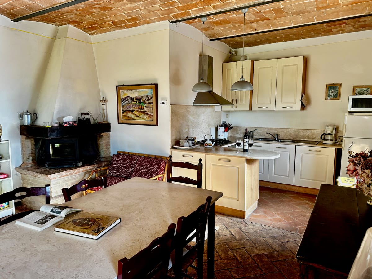 The living room with its stone fireplace and vaulted brick ceiling