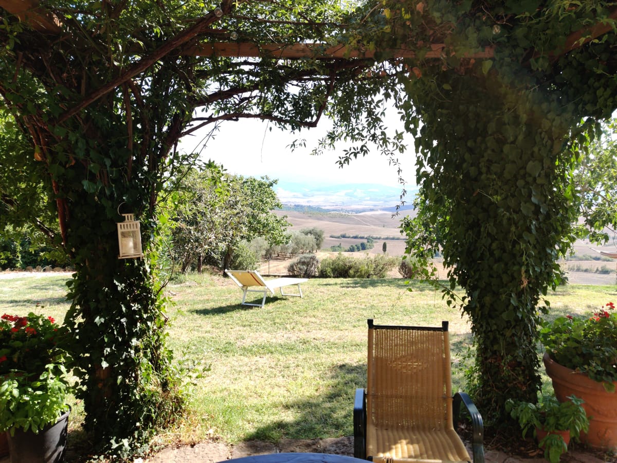 A lounger in the shade of the ivy pergola, facing the lawn and the hills