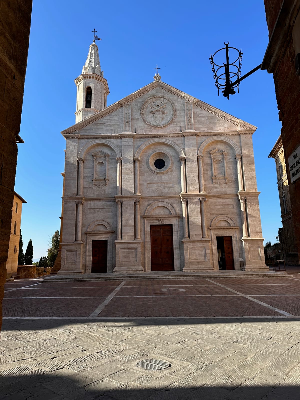 The façade of Pienza's cathedral on Piazza Pio II, a ten-minute walk from the house